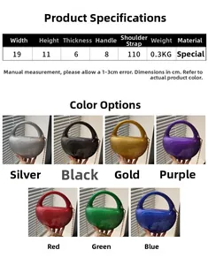 Detailed size chart and multi-color options for the sequined acrylic evening clutch bag