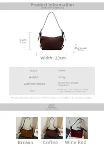 Guida alle taglie borsa a mezzaluna in camoscio con misure 23x13x12cm e peso 0,21kg