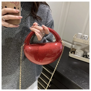 Chic red glitter crescent evening clutch bag with golden chain and hardshell design
