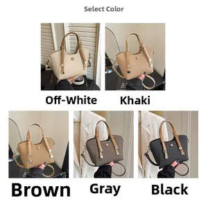 Chic woven bucket bag collection in five neutral colors with leather handles and straps