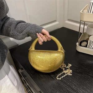 Women's Glitter Acrylic Box Evening Bag Fashion Half Moon Chain Crossbody Bag Sparkly Sequin Party Handbag Purse