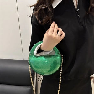 Spherical green glitter acrylic evening clutch bag with gold chain and top handle