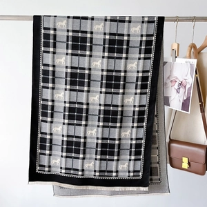 Plaid shawl with horse pattern and fringe tassels in black, white and grey tones