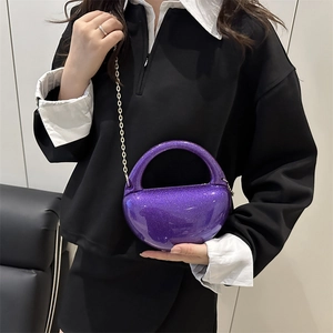 Modern purple glitter spherical acrylic handbag with golden chain and handle for women