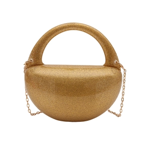 Elegant gold glitter acrylic half-moon evening bag with top handle and chain strap