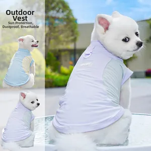 Breathable pet sport vest with D-ring and SPORT logo in purple and light blue colors