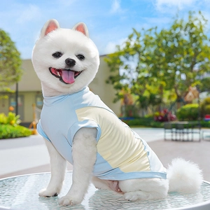 Detail of breathable blue mesh dog cooling shirt with yellow side paneling