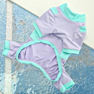 Breathable lavender mesh dog bodysuit with mint green edges and cooling texture