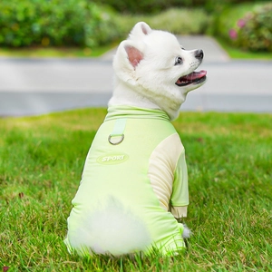 Detail of breathable mesh pet vest with metal D-ring and sport print on the back