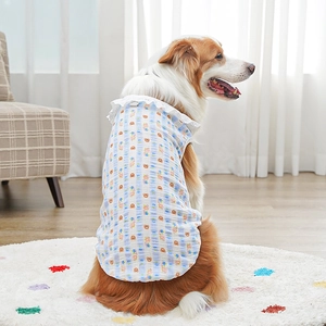 Detail of blue plaid cotton dog shirt with bear print, lace collar and a D-ring for leash