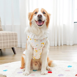 Detail of cotton pet vest featuring ruffled collar and duck prints on a medium dog