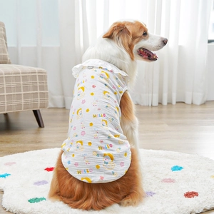 Detail of dog vest with lace collar, yellow duck prints and functional metal D-ring attachment