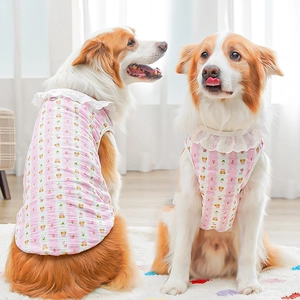 Breathable pink striped cotton dog vest with lace collar and cute bear floral print