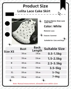 Size chart for white lace tiered pet dress with chest and back length measurements