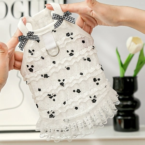 Lace floral pet dress with tiered ruffles and gingham bows for cats and small dogs