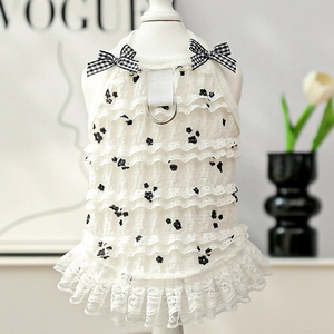 Close-up of pet lace dress with floral pattern, tiered ruffles and D-ring attachment