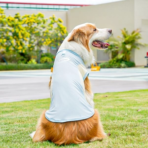 Detalle del chaleco azul de seda de hielo para perro con logo SPORT y anillo en D para correa