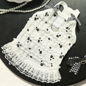 Pet Dress Lace Ruffle White Floral Dog Cat Vest With Plaid Bows And Metal D-Ring Sweet Princess Style