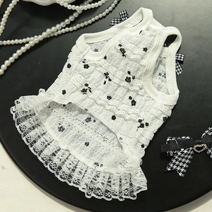 Elegant white lace pet dress with floral patterns and black checkered bows for small dogs