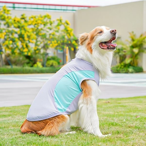 Detalle del chaleco protector solar para perro en malla transpirable con diseño de bloques