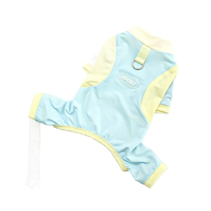 Cooling mesh pet bodysuit for large dogs with SPORT logo and metal D-ring in blue and yellow