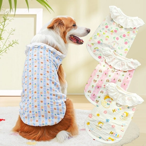 Pet Cotton Gauze Vest For Dogs And Cats Sweet Lace Collar Cartoon Print Leash D-Ring Breathable Summer Shirt Apparel