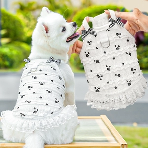 White lace floral pet dress with bow and D-ring for small dogs and cats