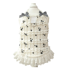 White polka dot pet lace vest dress with dual D-ring attachment for harness use