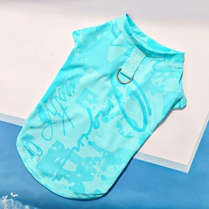 Detail of blue ice silk mesh pet vest featuring metal D-ring and cool graffiti print