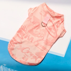 Detail of pink mesh pet cooling vest with graffiti print and metal D-ring for leash
