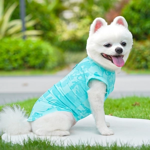 Breathable light blue camo cooling vest mesh fabric on small white Pomeranian dog