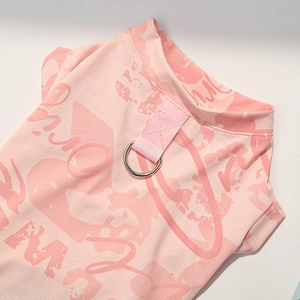 Close-up of pink breathable ice silk pet vest with metal D-ring and graffiti print