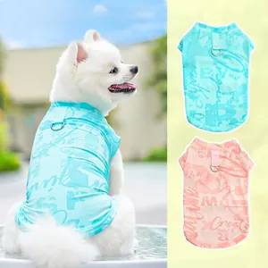 Detail of ice silk cooling dog vests with graffiti print and metal D-ring attachment