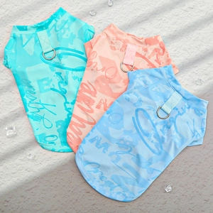 Macro detail of breathable mesh pet cooling vests with D-ring and graffiti patterns