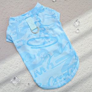Detail of light blue mesh cooling vest for dogs with D-ring leash attachment and print