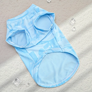 Close-up of light blue ice silk cooling pet vest with breathable mesh and ice cube decor