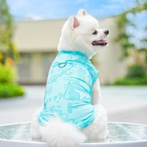 Close-up of light blue ice silk cooling pet vest with metal D-ring for leash attachment