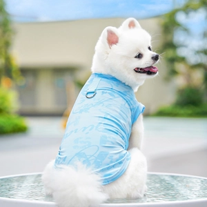 Detail of light blue cooling pet vest with metal D-ring for leash attachment