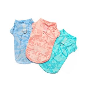 Breathable ice silk pet mesh vests in blue, pink and green with D-ring harness connector