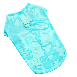 Detail of breathable ice silk mesh dog vest with metal D-ring and cyan letter print