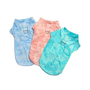Three-pack ice silk cooling pet vests with metal D-rings in blue, pink, and green colors