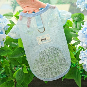 Close-up of light blue lace pet vest featuring Beauty patch and metal D-ring attachment