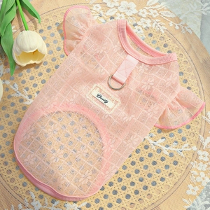 Detailed view of pink pet lace dress with D-ring, floral mesh and Beauty patch