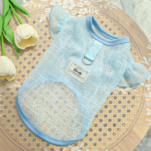 Close-up of light blue pet lace vest with D-ring and Beauty embroidery detail