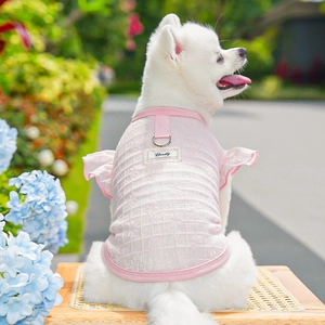 Detailed view of pink lace pet dress with metal D-ring and floral mesh texture