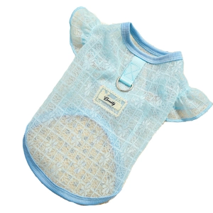 Lightweight blue lace pet dress with breathable hollow floral mesh and metal D-ring
