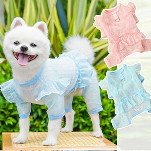 Close-up of pet summer jumpsuit featuring breathable plaid mesh fabric and back D-ring