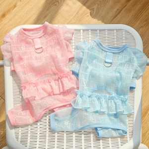 Close-up of lightweight lace pet dresses with floral mesh and ruffle sleeves for dogs