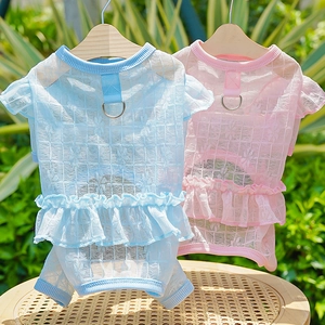 Detail of breathable lace mesh pet vest with floral pattern and metal D-ring attachment