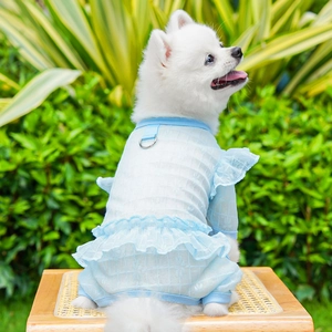 Close-up of light blue pet dress featuring mesh ruffles and a functional metal D-ring